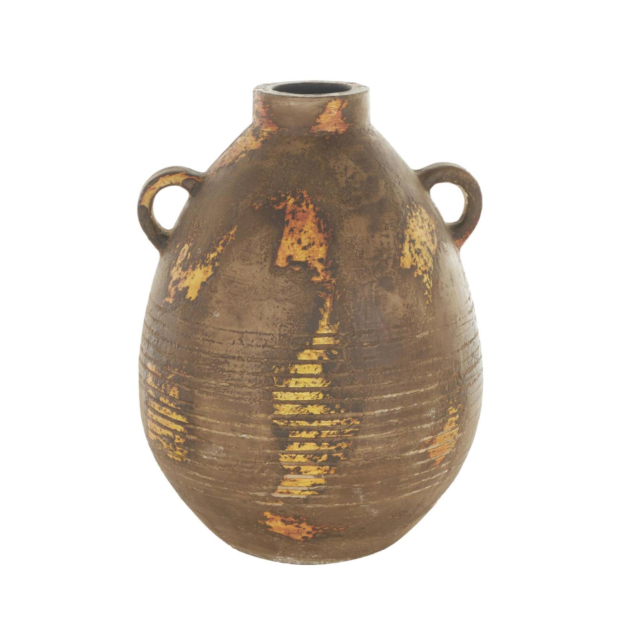 15.25" Brown Ceramic Antique Style Distressed Vase with Grooves & Handles